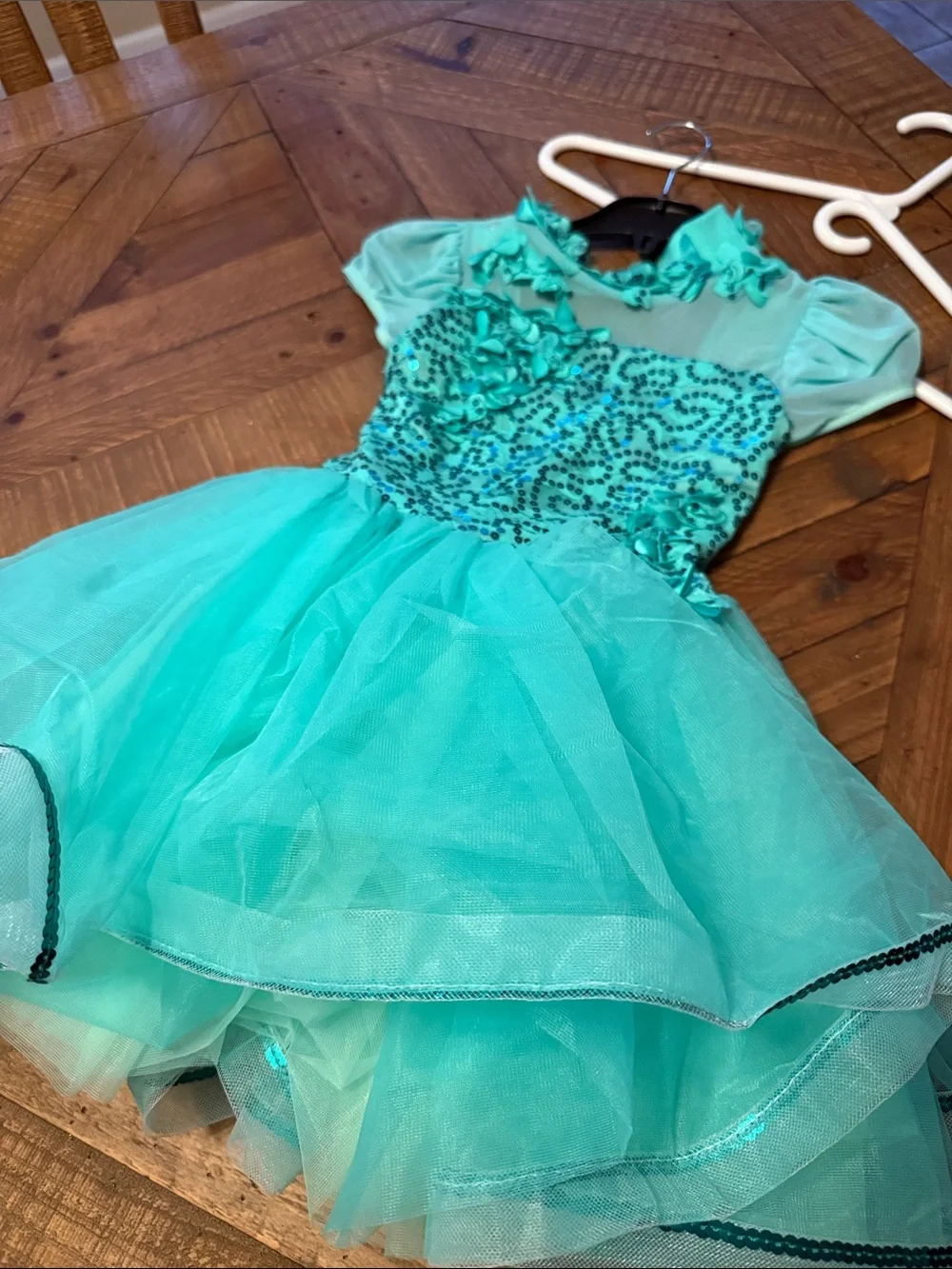 Weissman Teal Sequin Floral Tulle Dance Dress